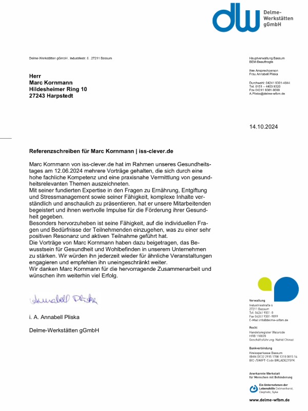 Referenzschreiben der Delme-Werkstätten gGmbH für Marc Kornmann