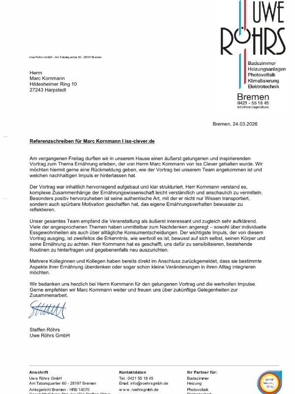 Referenzschreiben der Uwe Röhrs GmbH für Marc Kornmann