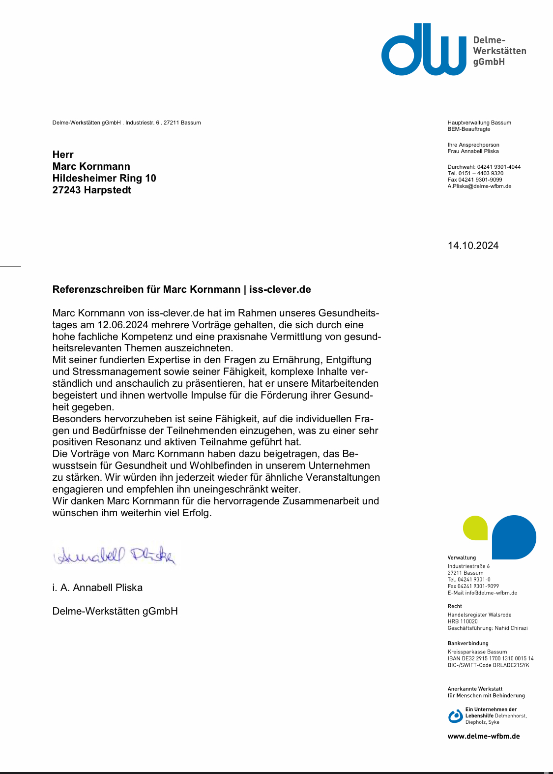 Referenzschreiben delme Werkstätten